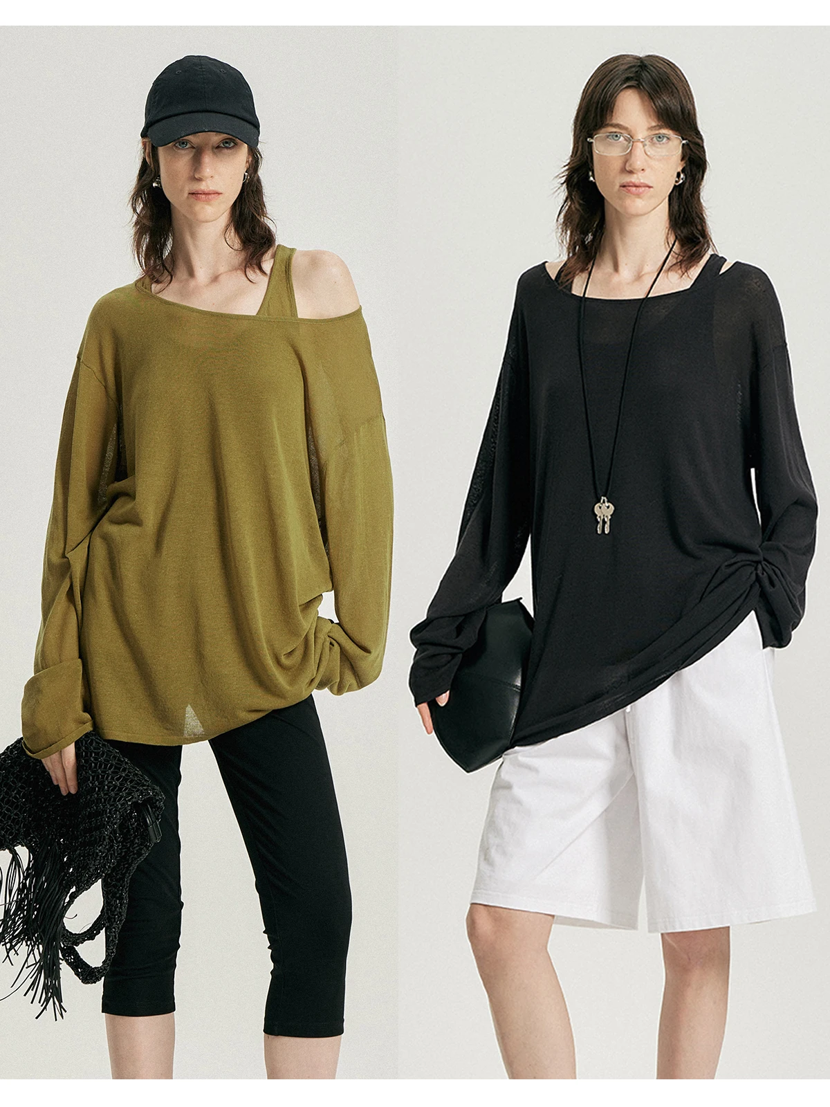 

Thoransaura Silk Linen Lightweight Slant oulder Knitted Vest Transparent Casual Loose Fit Two-Piece Set for Women Summer