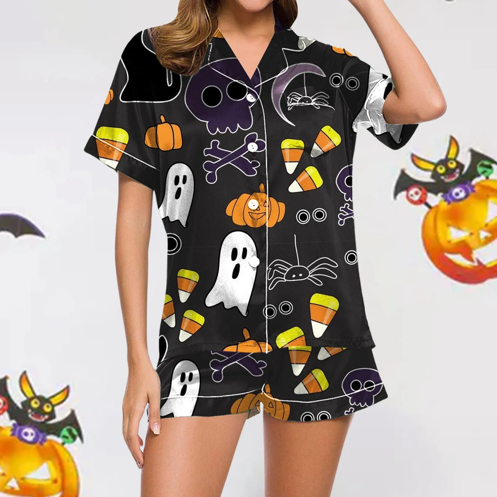 Short Sleeve Button Top Comfy Shorts Sleepwear Halloween Two Piece Pajama Set Women Ghost Pumpkin Graphic Short Pajamas Set
