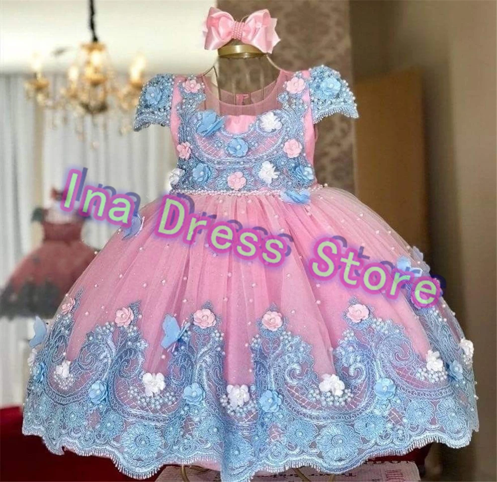 Flower Girl Dresses Luxury Princess Applique For Wedding Tulle Pearls Ball Pageant Kids Birthday Gift Party First Communion Gown