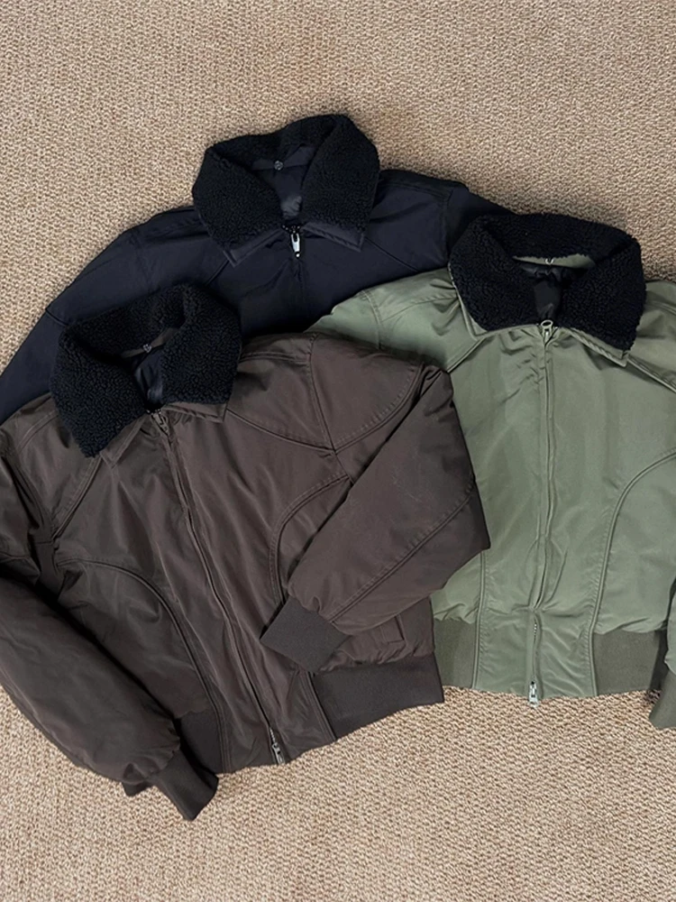 

Thiened American Bomber Workwear Sle Jaet Cotton Winter Coat Lamb Fur Collar Functional ort Warm Cotton Clothes