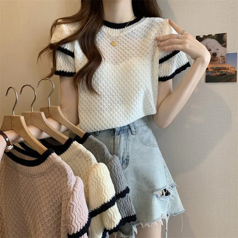 2023 Spring Summer women sweater Korean thin matching loose short-sleeved pullover Knitwear Hollow sweater NS5661