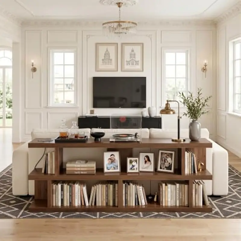 71 inch wide low-profile tiered shelf unit with three open storage levels and built-in power outlet for living room or home offi