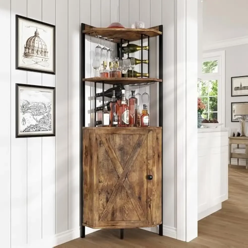 

63” Corner Bar Cabinet w/Wine Rack, 5-Tier Liquor Cabinets with Glass Holder, Adjustable Shelves & Barn Door, Bar Cabinet