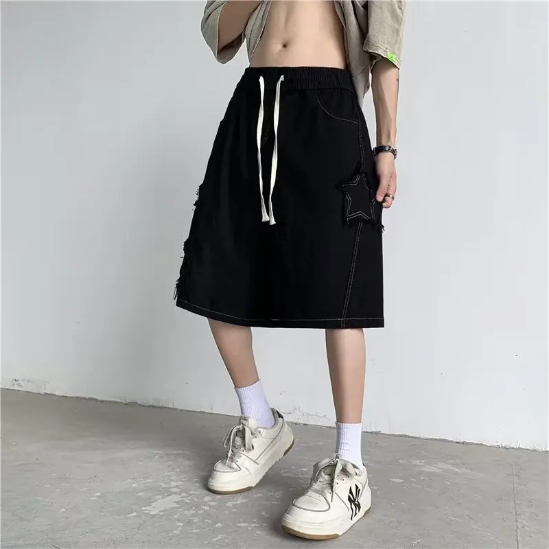 Star Patchwork Shorts for Men Vintage Denim Summer Loose Hip Hop Streetwear Oversize Men\'s Shorts Korean Fashion