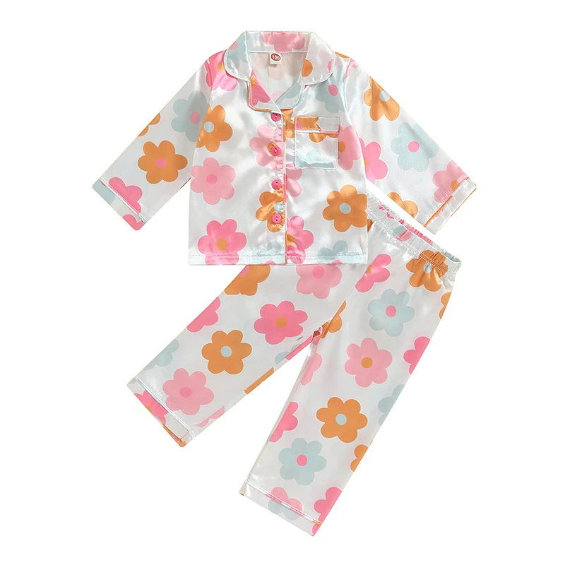 Toddler Girls Spring Pajamas Flower Print Long Sleeve Lapel Button Closure Tops Elastic Waist Pants Sleepwear