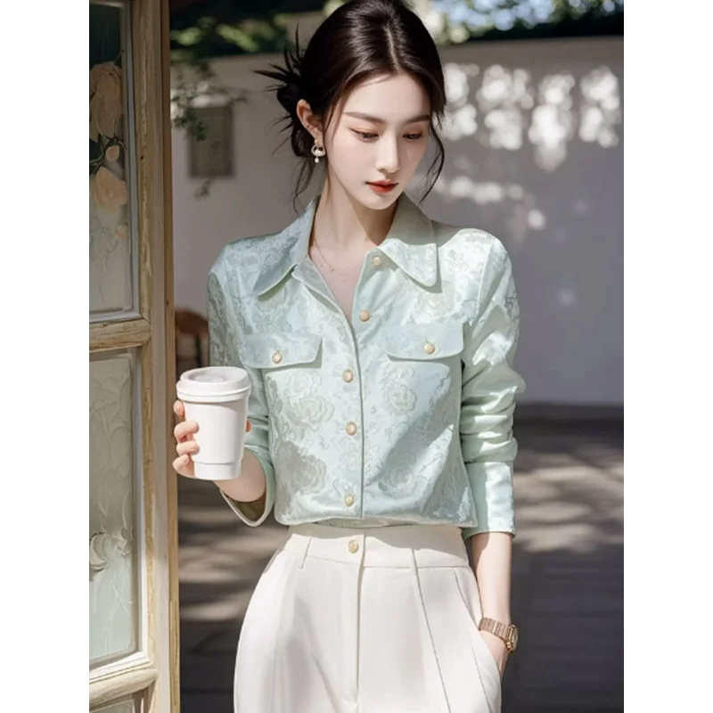 

New Chinese Style Fresh Mint Green Lapel Jacquard Long Sleeve Blouse Women Elegant And Versatile Top