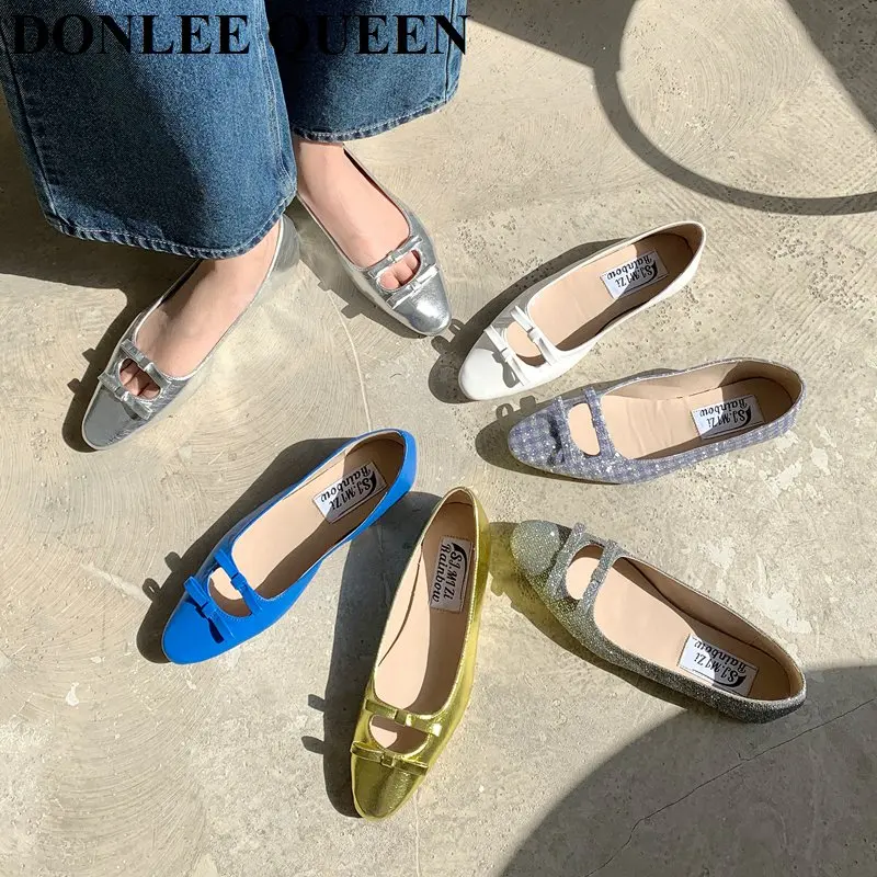 2022 New Summer Gold Sliver Flats Ballet Shoes Women Fashion Sweet Bow Knot Ballerinas Round Toe  Mary Jane Ladies Loafers Mujer