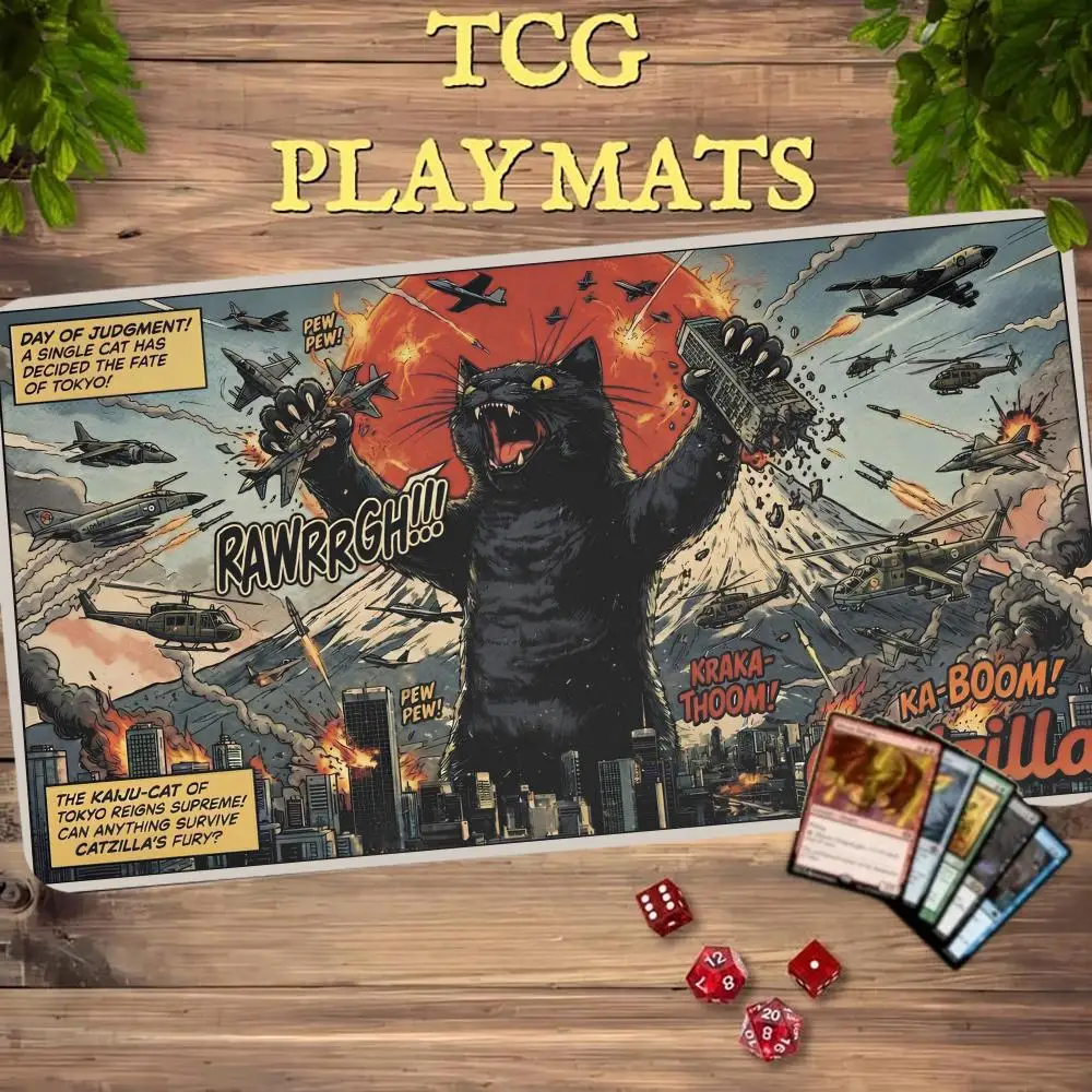 Retro Comic Black Cat Trading Card Game Playmat TCG CCG Play Mat 24"X14"Magic MTG Non-Slip Durable Stitched Edge Magic Card Mats