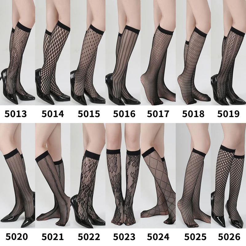 Women Sexy Mesh Black Print Stockings Knee High Socks Soft Nylon Elastic Fishnet Girls Cute Fashion Long Leg Socks