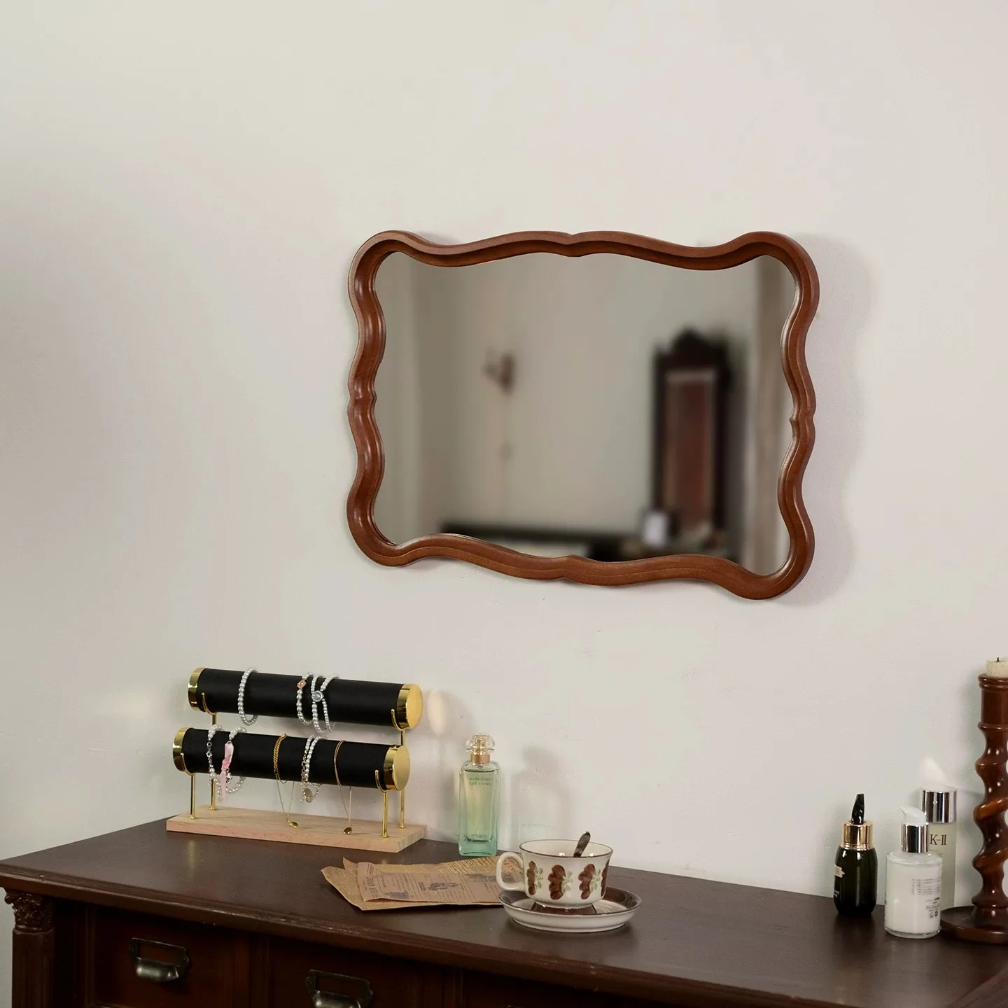 Walnut Wood Wavy Framed Wall Mirror Vintage Solid Wood Vanity Mirror Elegant Decorative Mirror Bedroom Classic Home Accent Decor