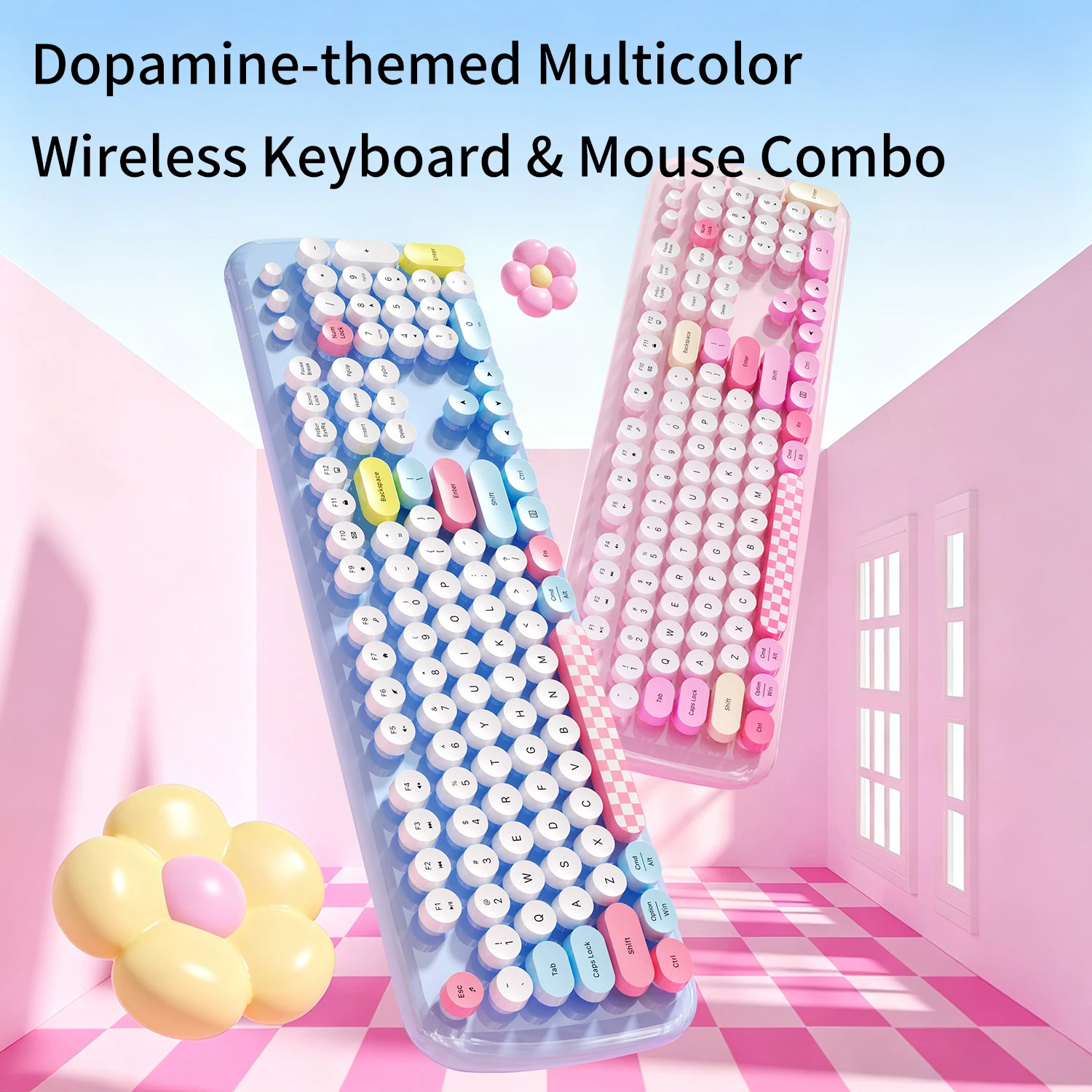 GEEZER ZERO Wireless Keyboard Mouse Combo, Dopamine Macaron Color‑block Round Keycaps, Cute Cat Mouse Office Keyboard Mouse Set