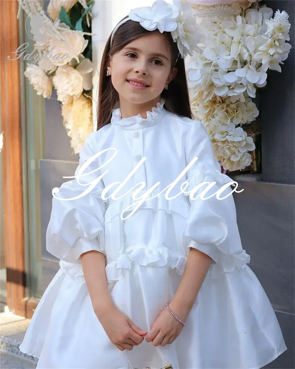 Alta pescoço plissado meia manga puff formal festa de casamento vestido da menina flor na altura do joelho elegante princesa primeira comunhão vestido novo