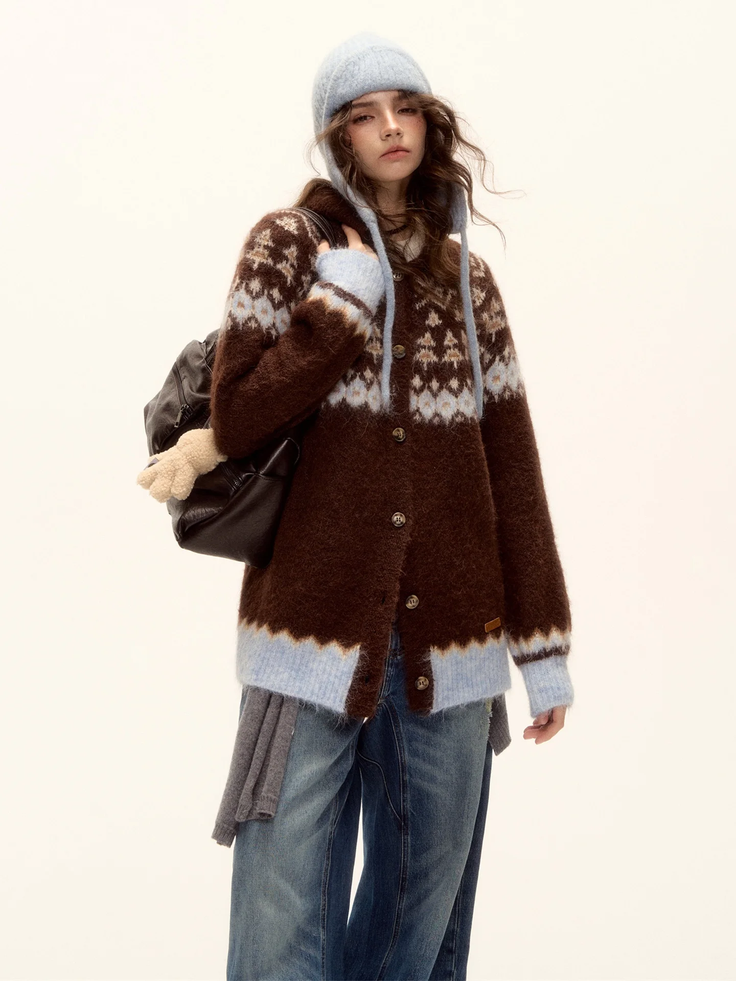 

AsGony Wool Knitted Cardigan Cisas Aosphere Button Collar Open Sweater Soft Polyester Fiber Loose Sle Regular Fit