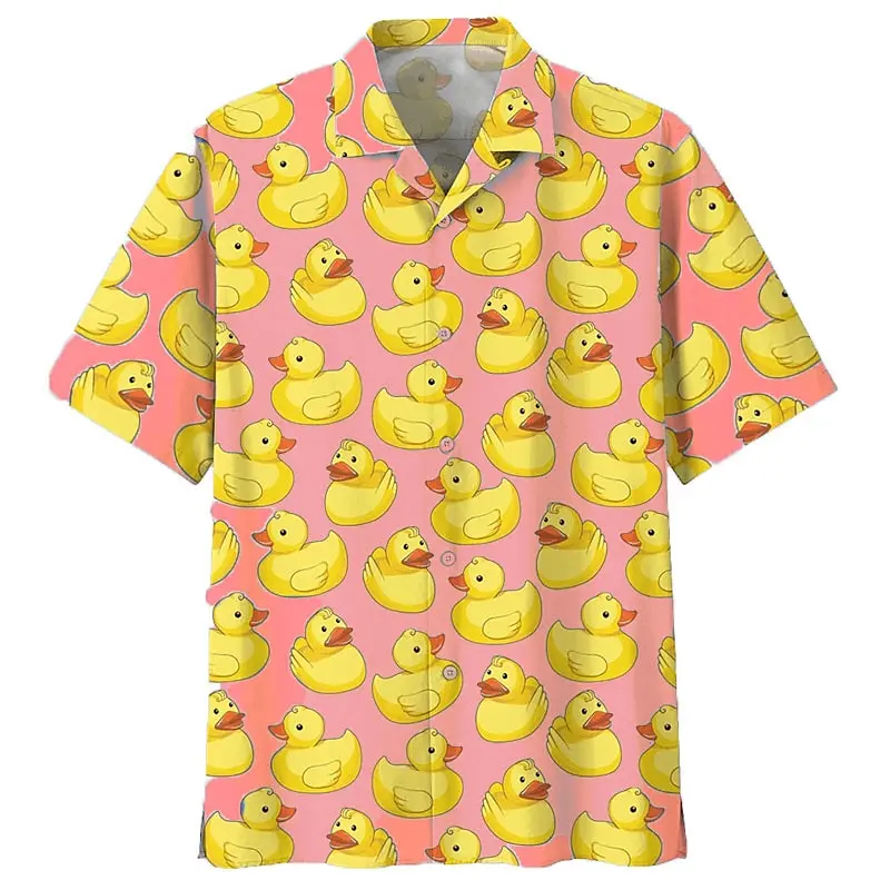 Camisa informal hawaiana con estampado de pato para hombre, top de solapa abotonada abierta, camisa fresca y cómoda, manga corta