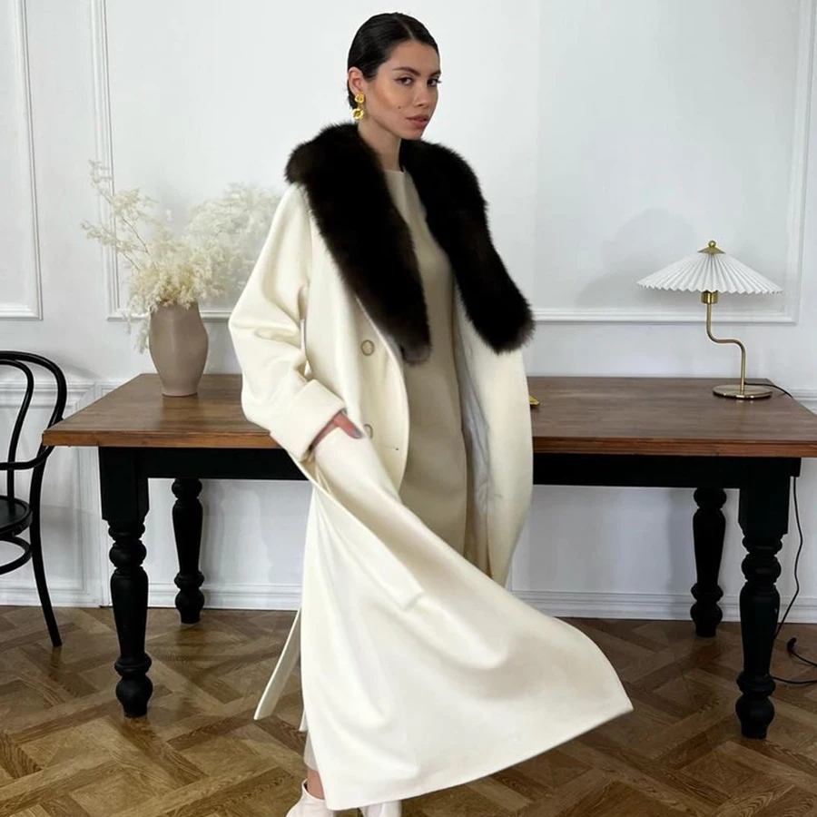 Neue Kaschmir Mantel Frauen Wolle Mischungen lange echte Fuchs Pelz Pelz Jacke Wolle Mischungen Mantel Winterkleid ung für Frauen Trend hohe Qualität