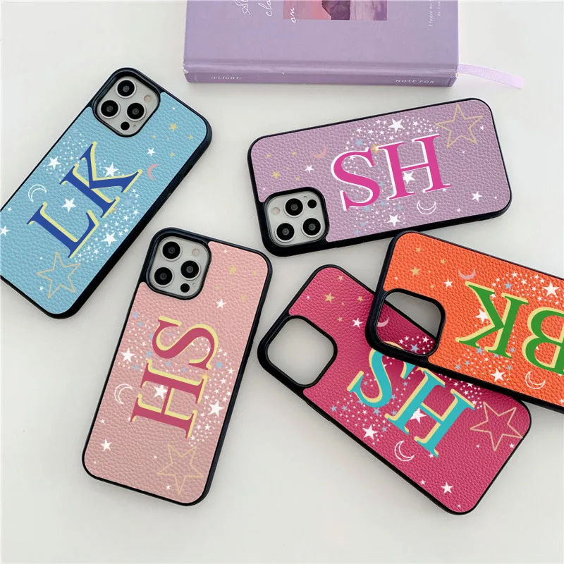 Personalised Initial Letters Luxury PU Leather Case for iphone 14 13 Pro Max 12 11 Pro Max XS XR 7 8 Plus SE Covers Moon & Stars
