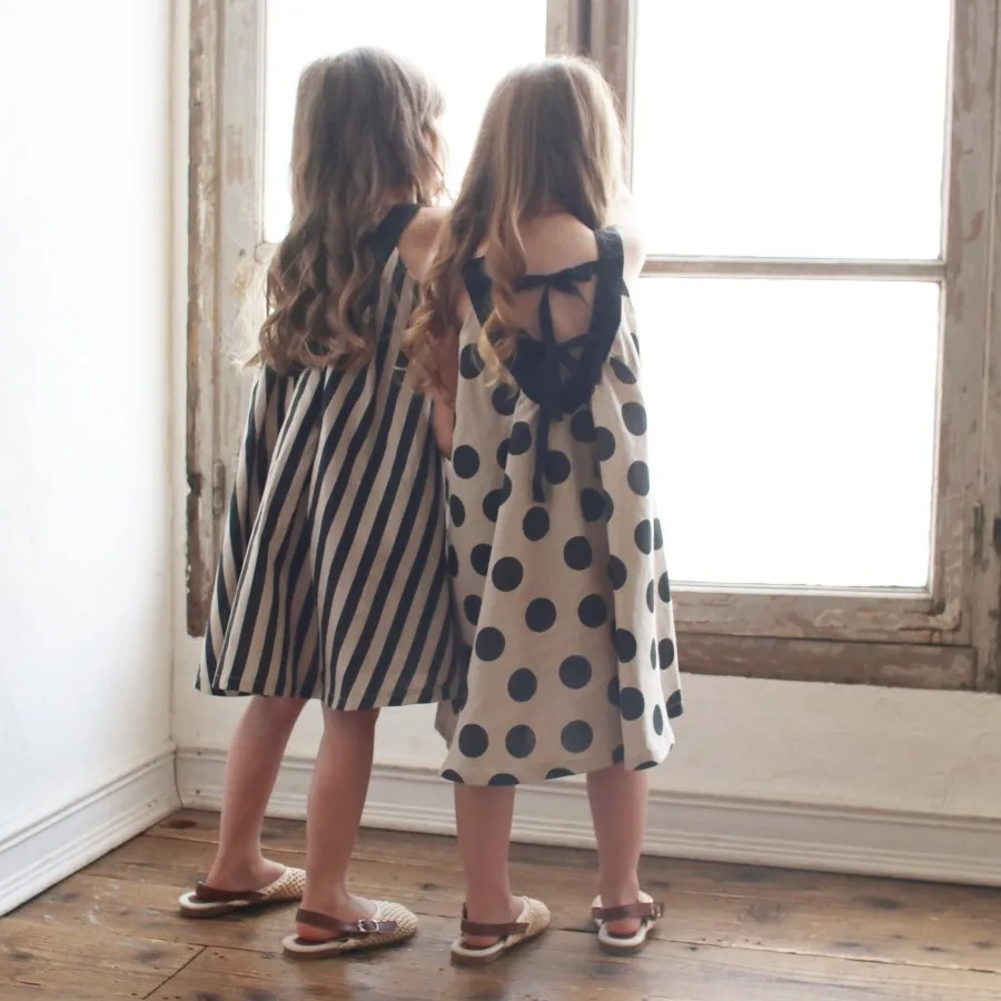 JUCPKID 2024 Summer Children Girl Slip Dress Teenager Girl Polka Dot Stripe Cotton Linen Beach Dress School Girl One-piece Dress