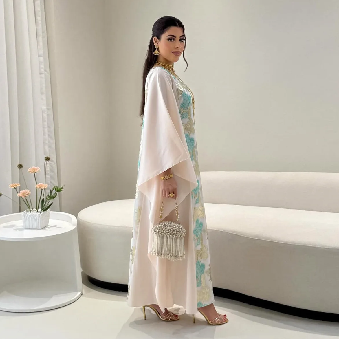 Luksusowa żakardowa damska suknia wieczorowa Dubaj Batwing Sleeve Gold Stamping Abayas Kaftan 2025
