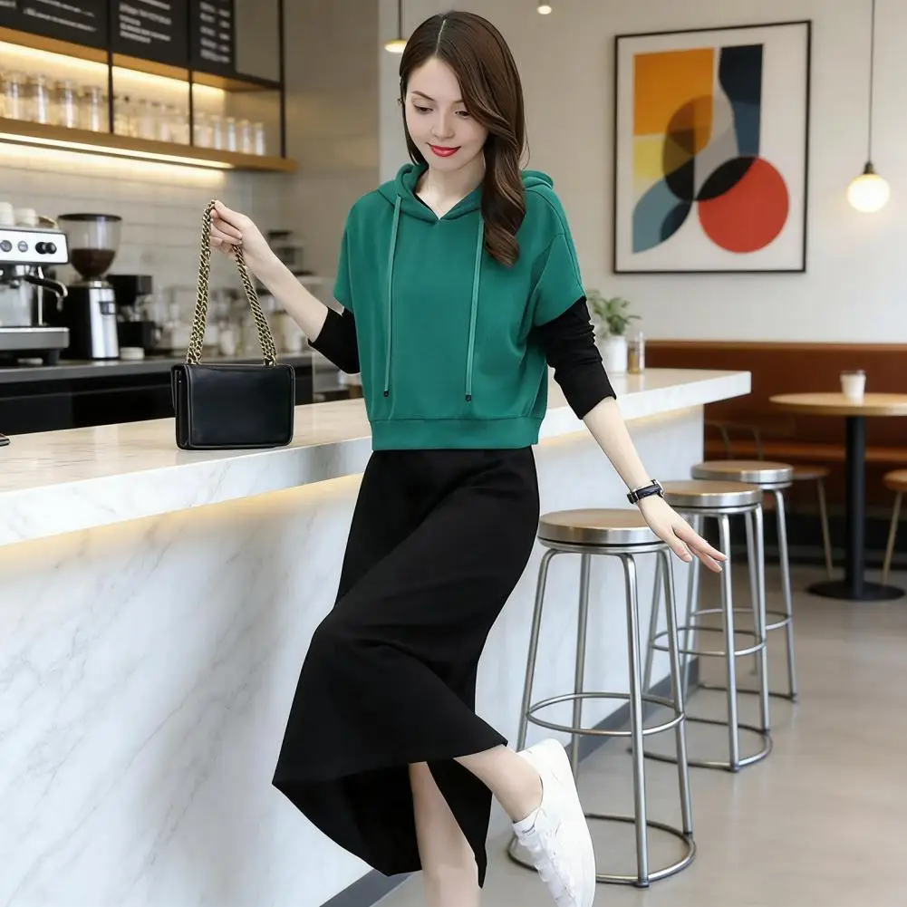 Women's 2 Piece Dress Set Pullover Hooded Top With Skirt Drawstring Sweatshirts Midi Dress Lounge Sets Spring Outfits 80%