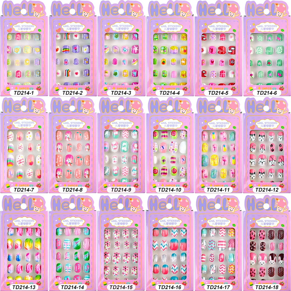 5-12 سنة الأطفال الصحافة على الأظافر 24 قطعة/صندوق قوس قزح/يونيكورن/القط/زهرة لطيف فتاة الأظافر وهمية ثلاثية الأبعاد لاصق الكرتون أظافر صناعية تلميح