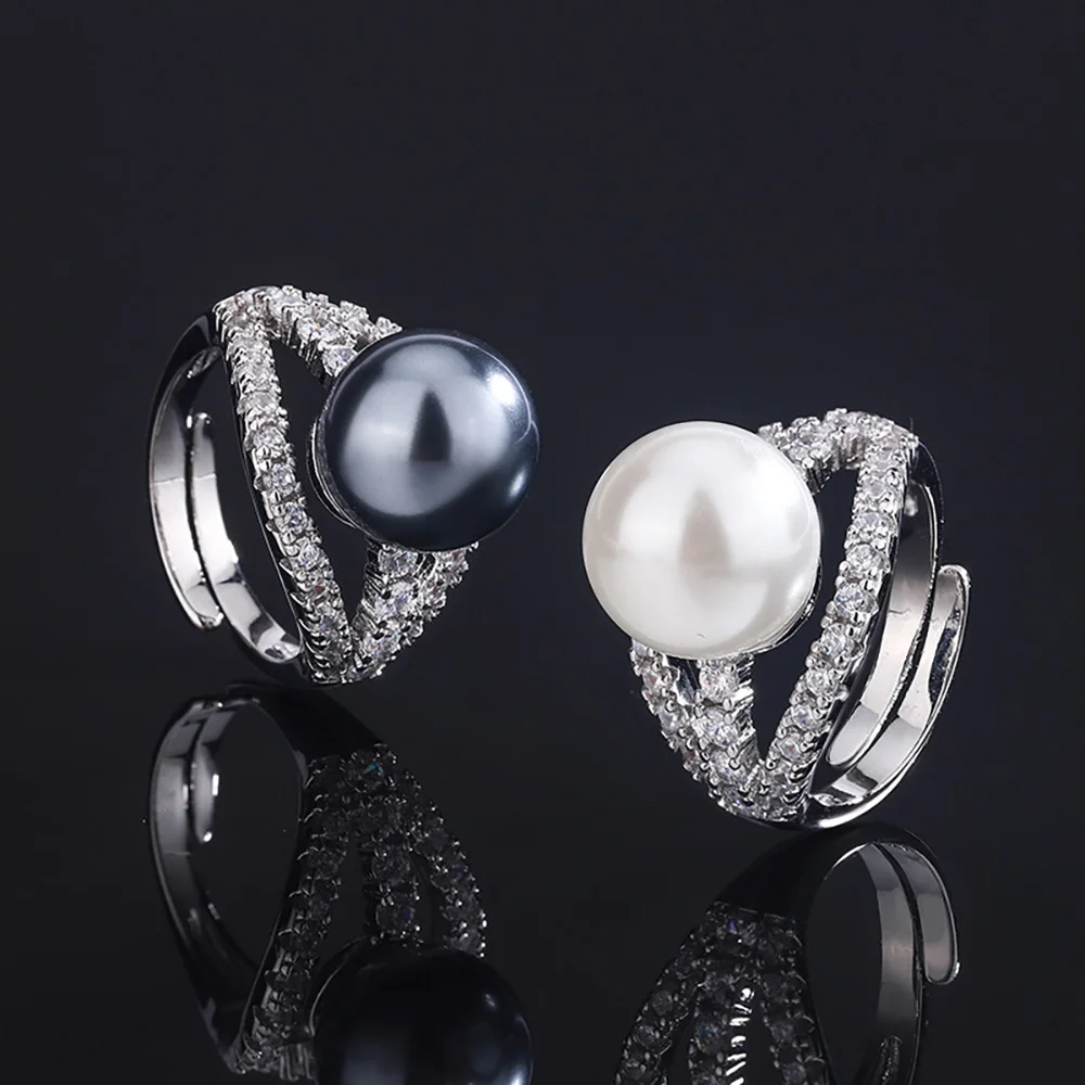 2023 Trend 12MM Black White Big Pearl Adjustable Rings for Women Lab Diamond Cocktail Party Fine Jewelry Accessories Lady Gift