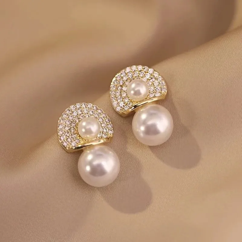 Zircon Natural Pearl Earrings For Women Gold Plated Stainless Steel Geometric Hoop Pearl Earring Wedding Bridesmaid Jewelry Gift