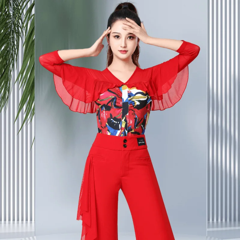 Gitba patchwork jumpsuit medium sleeves for Latin dance performance ballroom dance top burning man costumes