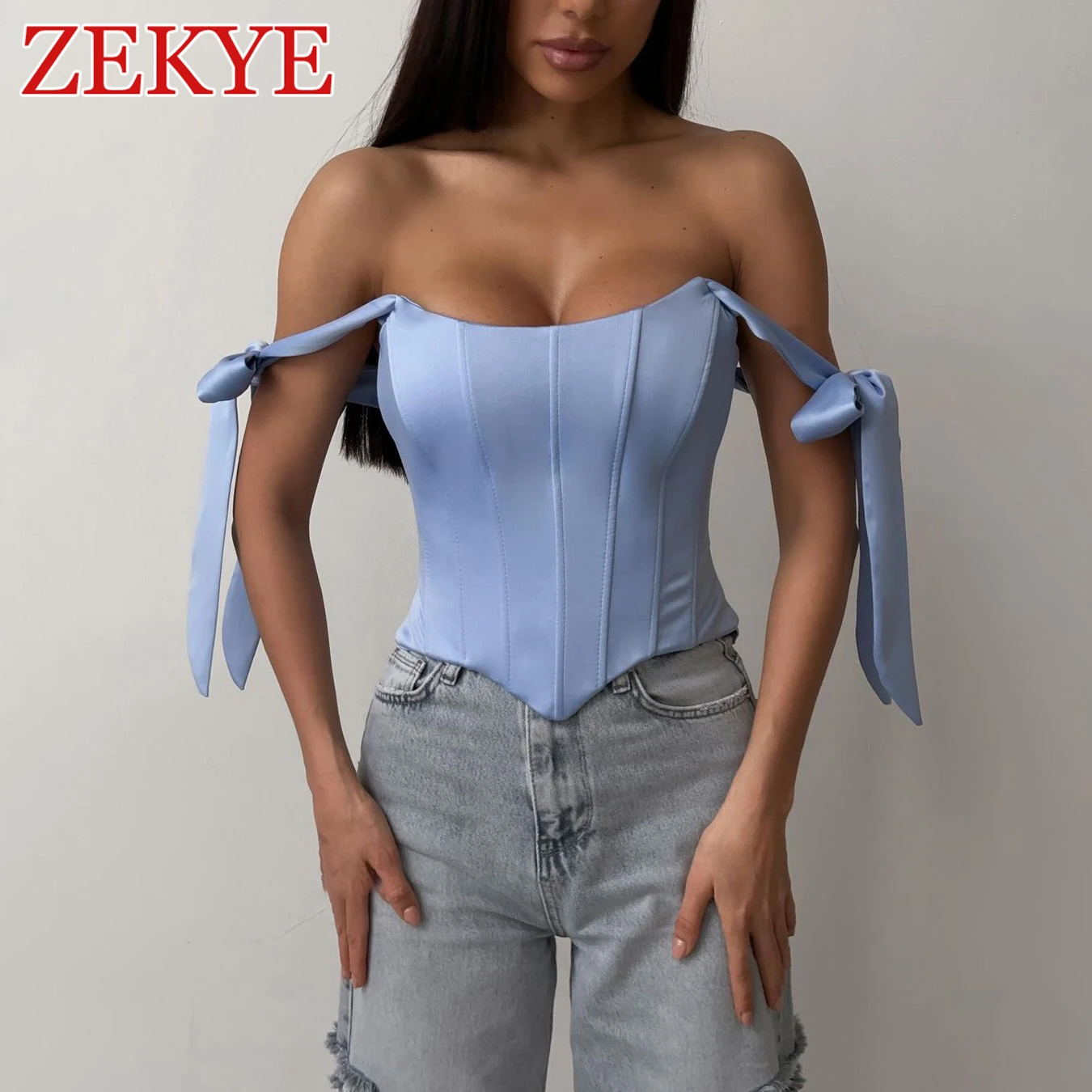 Zekye Streetwear Bandage Corset Top Women Elegant Solid Satin Kawaii Backless Zipper Slim Crop Top Fashion Summer Clothes 2024