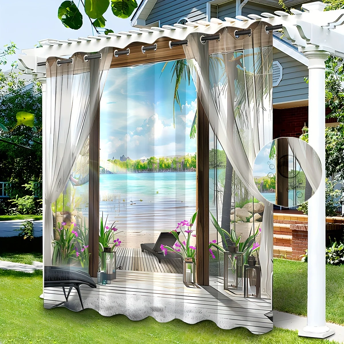 

1PC Outdoor Waterproof Curtains Vacation Scenery Print,Contemporary Style, Light-Filtering Polyester Eyelet Landscape Theme,