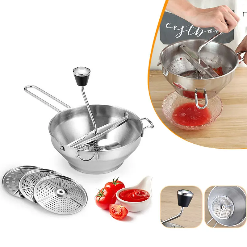 

Manual Rotary Food Mill Stainless Steel Vegetable Strainer Potato Masher Grinder with 3 Milling Discs Dishwasher Safe