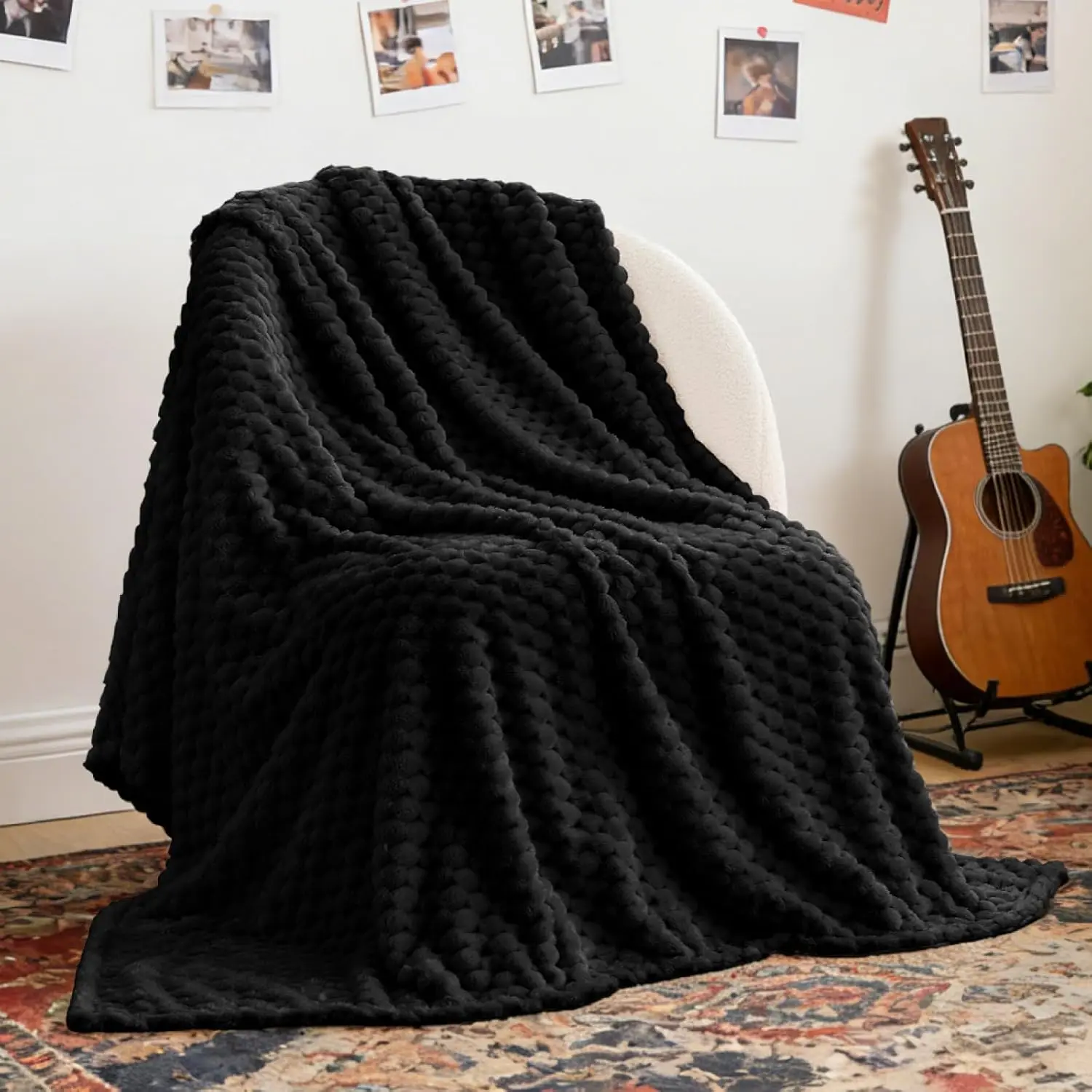 Fleece Throw Blanket for Couch Bed 3D Jacquard Decorative Black Blanket Super Soft and Cozy Warm Fuzzy Blanket All Seasons
