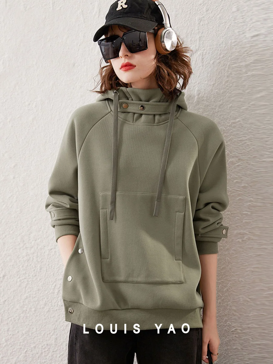 

LOUIS YAO 2024 Winter Plus Velvet Thickened Hoodie Women's Sweatershirt Workwear Style Design Drawstring Hooded Large Pocket Top