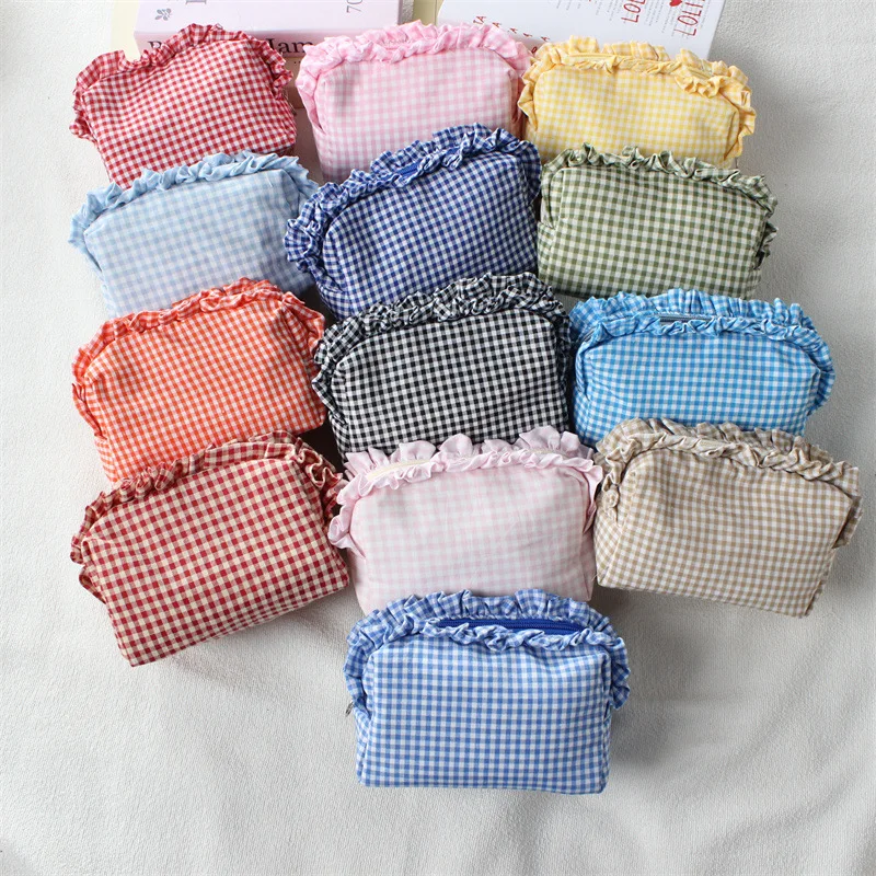 Plaid Gingham Fringe Edge Makeup Bag Korean Style Large Capacity Portable Travel Cosmetic Toiletry Bag Case for Girls Female
