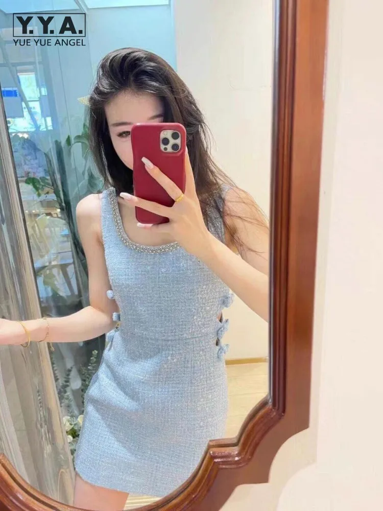 

Bead Sequin Bowknot French Style Women Tweed Suspender Dress Sleeveless Hollow Waist Design Slim Fit Above Knee Length Sundress