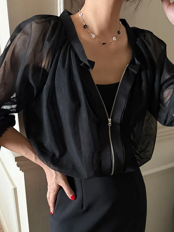 

Женская летняя новая ретро-куртка с застежкой-молнией, защитой от солнца, прозрачным микроплетением и универсальным дизайном, верхняя одежда