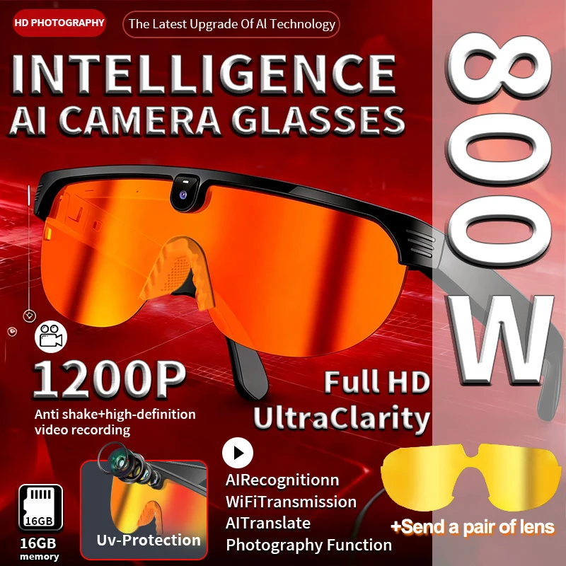 

2 Sets of Lenses AI Smart Cycling Glasses Men Women 800W Camera Video Translation Bluetooth Sunglasses Call Music Sports Goggles