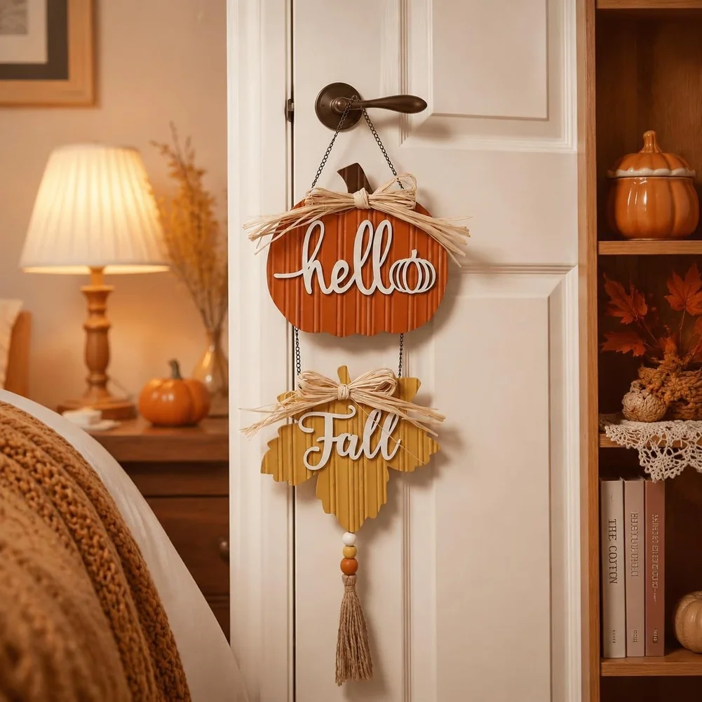 Autumn Pumpkin Wall Decor Made from Sturdy Poplar Wood with Precision Cut Maple Leaf Motif for Seasonal Display