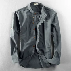 M-7XL 2025 Spring and Autumn New Men's Casual Shirts Retro Chinese Style Stand Collar Slim Cotton Linen Long Sleeve Shirt