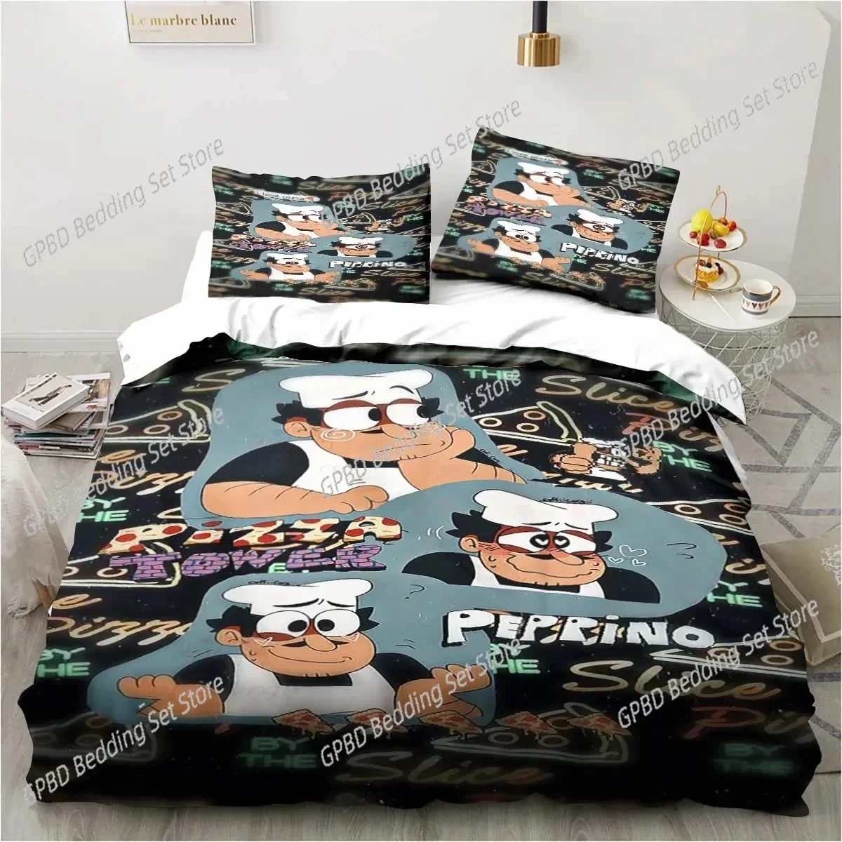 Pizza Tower Classic Pixel Style Bedding Set,Duvet Cover Bed Set Quilt Cover Pillowcase,King Queen Twin Size Boys Girls Adults