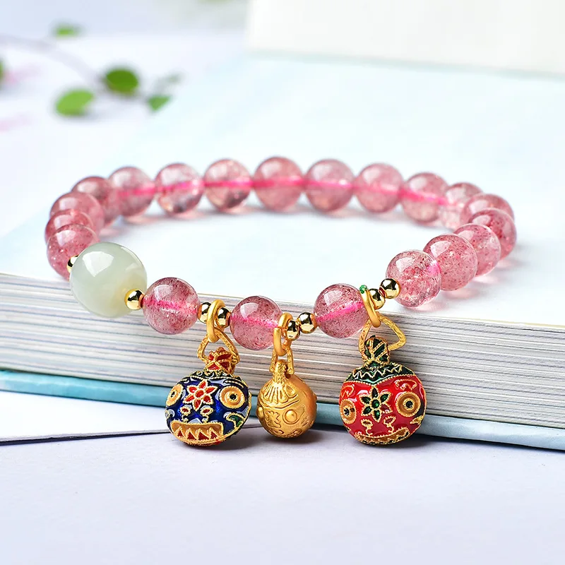 Natural 7a Strawberry Quartz Ancient Burning Blue Swallowing Gold Beast Bracelet Female Ins Mori Style Niche Girlfriends'