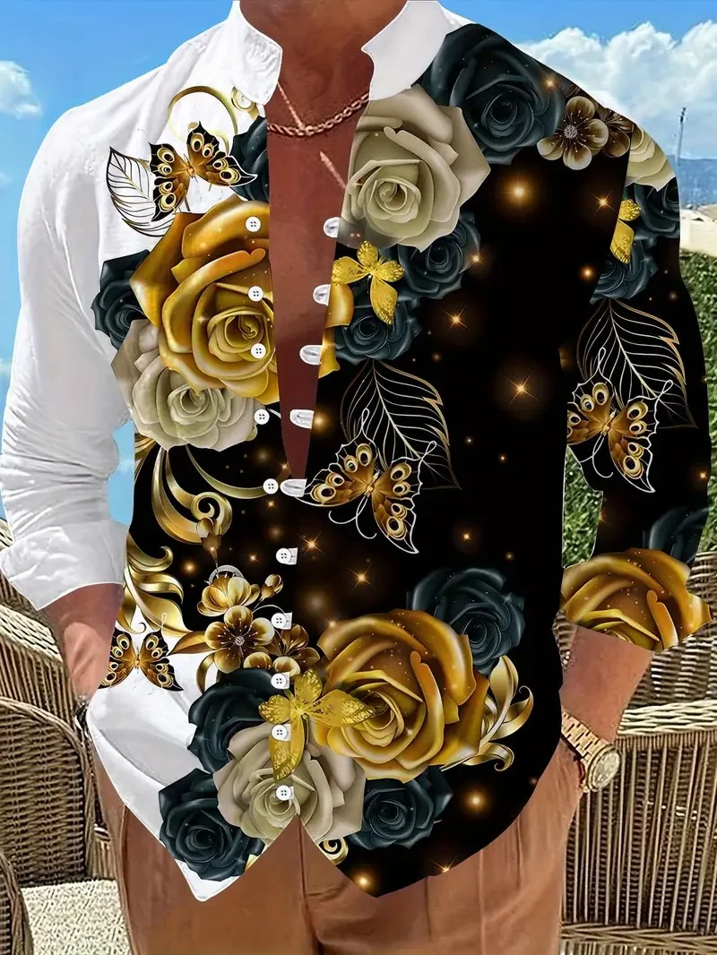 Casual Men Linen Shirts New Print Button Shirt Fashion Stand Up Collar Loose Men's Shirts Streetwear Casual Beach2026