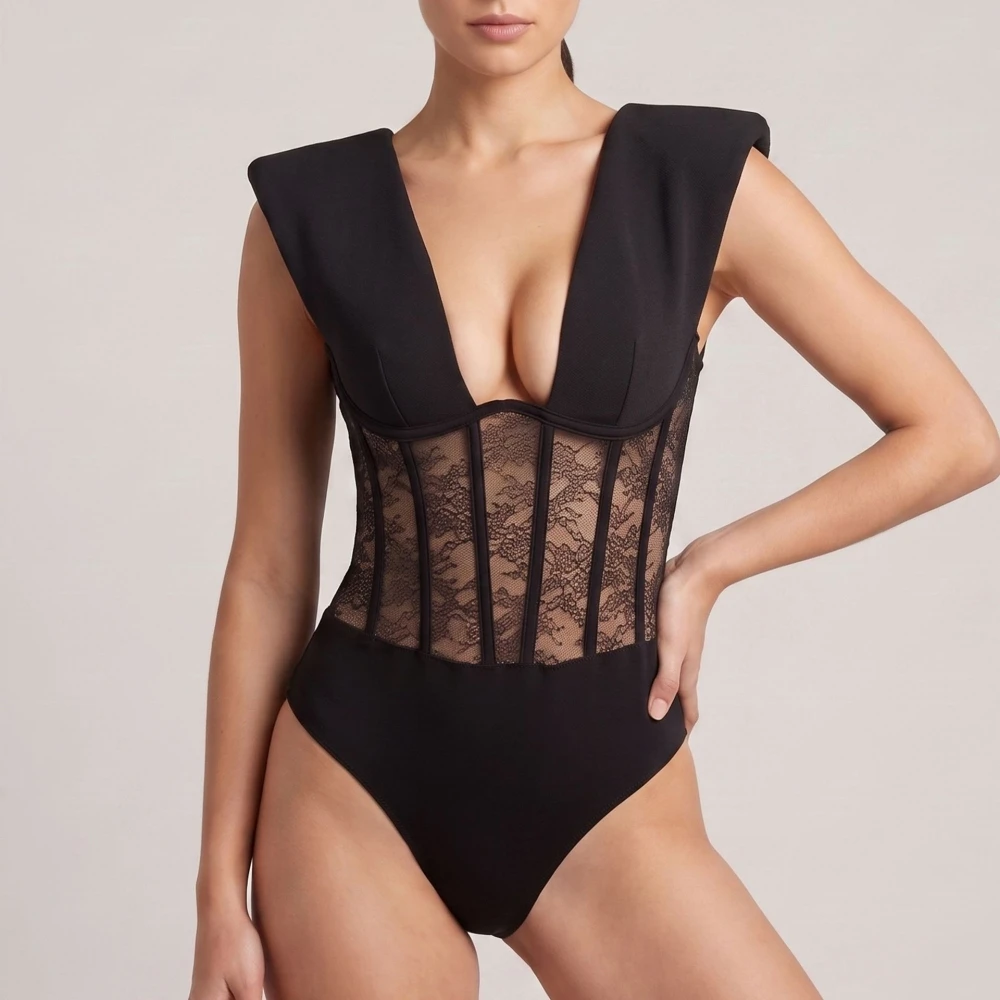 Summer Autumn New Fashion Cut Cross Hollow Lace Jumpsuit Long Sleeved V-Neck Diagonal Black Charming Bodysuit Clubwear