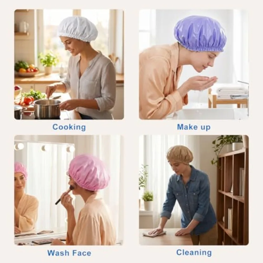 Shower Caps for Women, 4 PCS Terry Lined Bath Caps, Cloth Shower Cap Reusable Waterproof, Towel Bathing Shower Caps