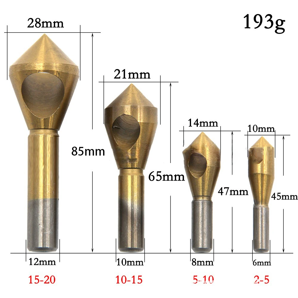 High-speed Steel Titanium-plated Inclined Hole Chamfering Set 4 Pcs Kit 2-5mm 5-10mm 10-15mm 15-20mm Deburring Center Drill Bits