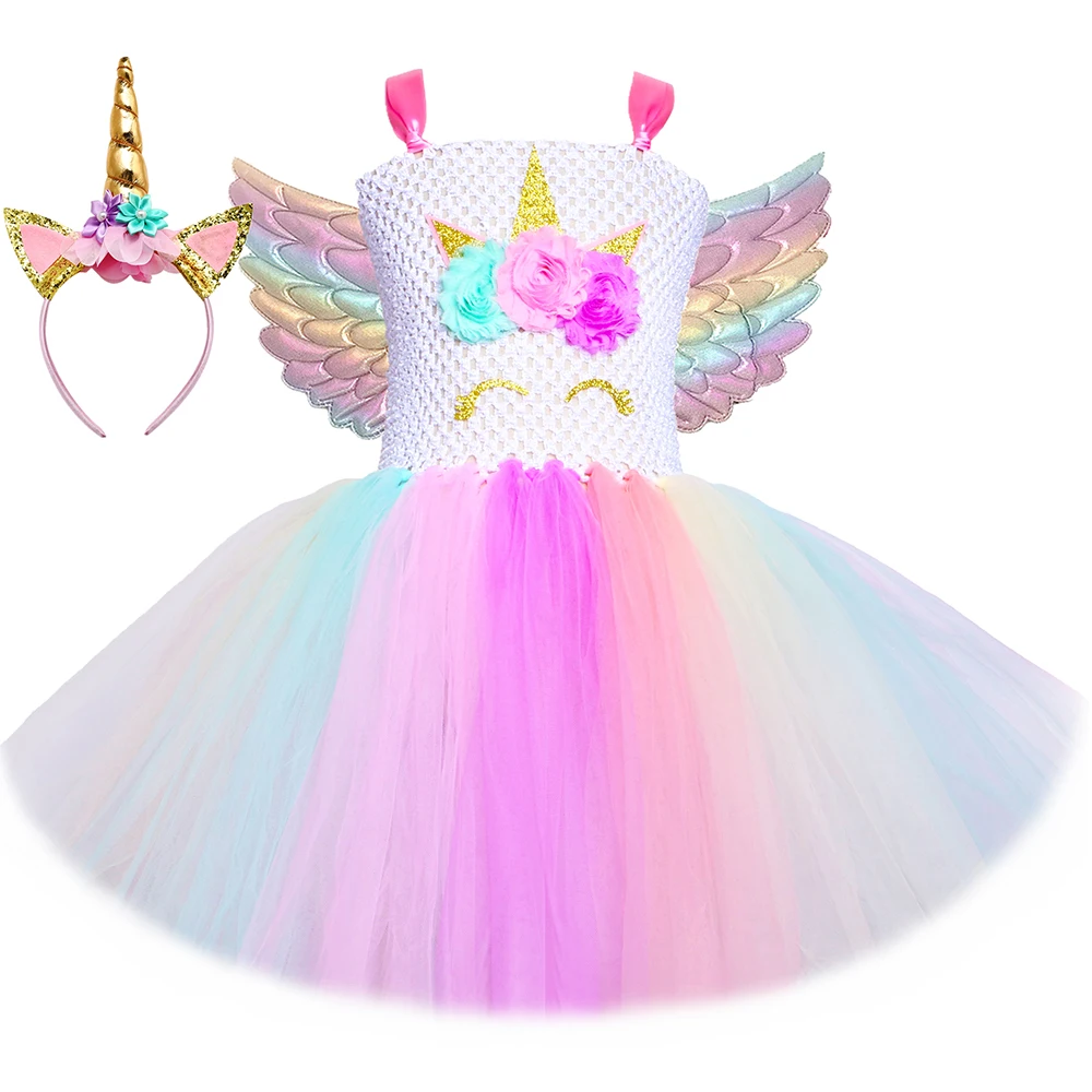 Robe Tutu princesse licorne pour petites filles, en Tulle, motif pastel arc-en-ciel, à fleurs, Costume de fête d'anniversaire d'halloween pour enfants en bas âge
