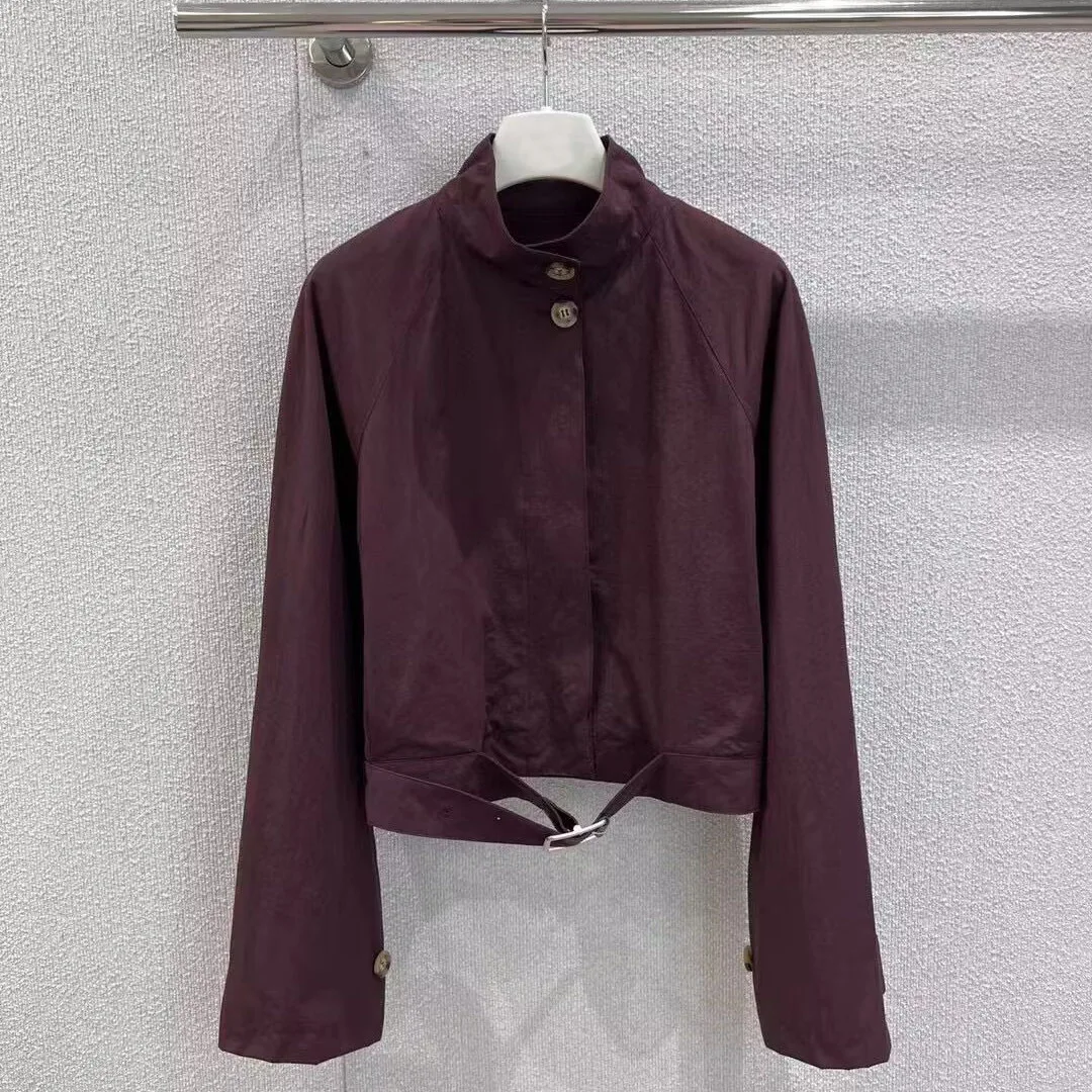 

New Autumn Vintage Burgundy Color Short Design Jacket Women Stand Collar Long Sleeve Single Breasted Slim Belt Chic Loose Coat