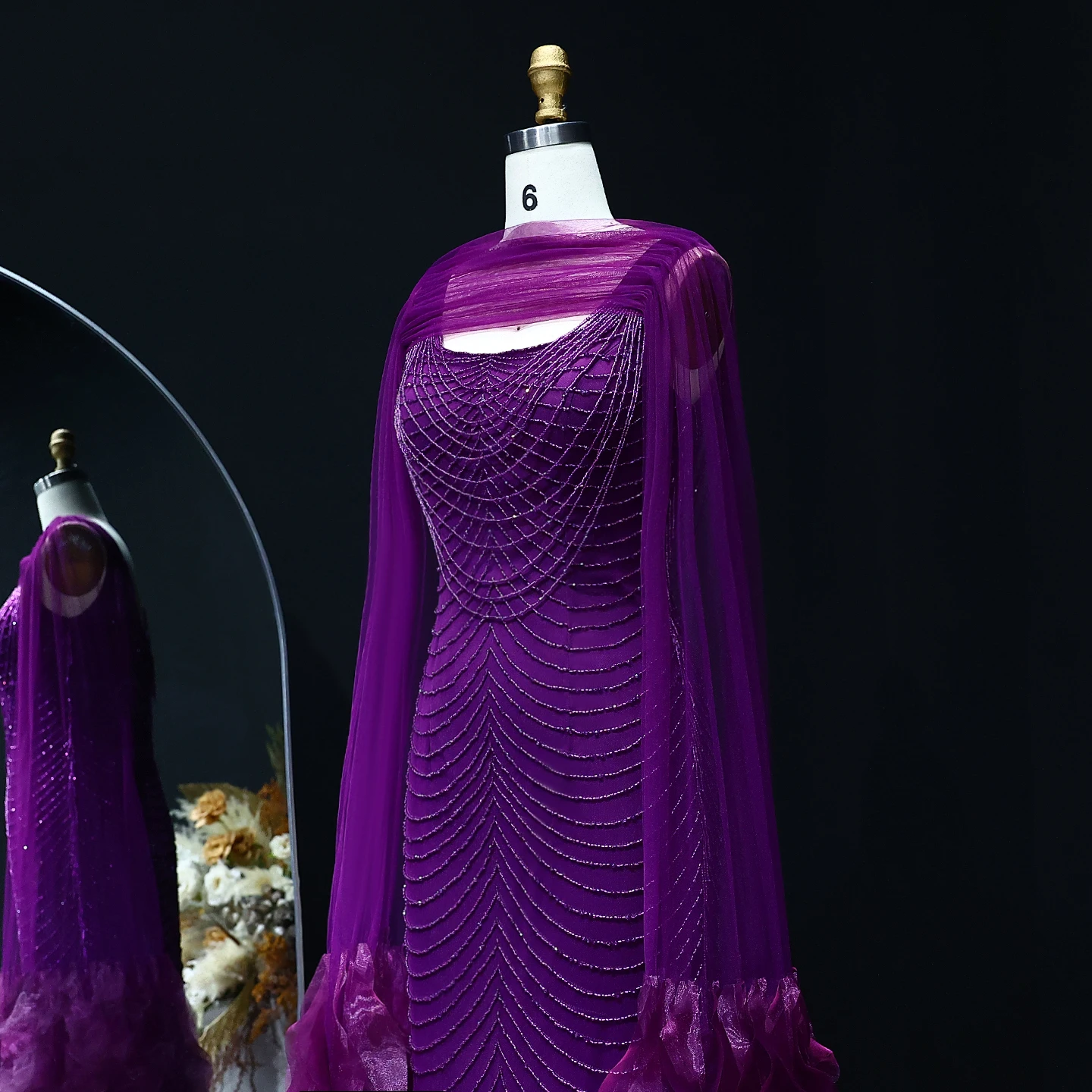 Sharon Said Luxury Beading Purple Dubai Evening Dress with Cape Sleeve Tiered Ruffles Women Wedding Party Gowns SS280 Customized image 3