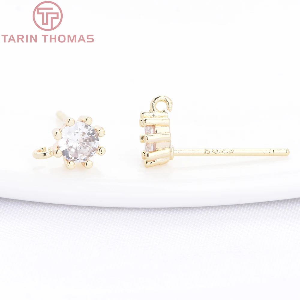 (10003) 6PCS 5.5MM 24K Gold Color Brass with Zircon Round Stud Earrings High Quality Diy Jewelry Making Findings Accessories