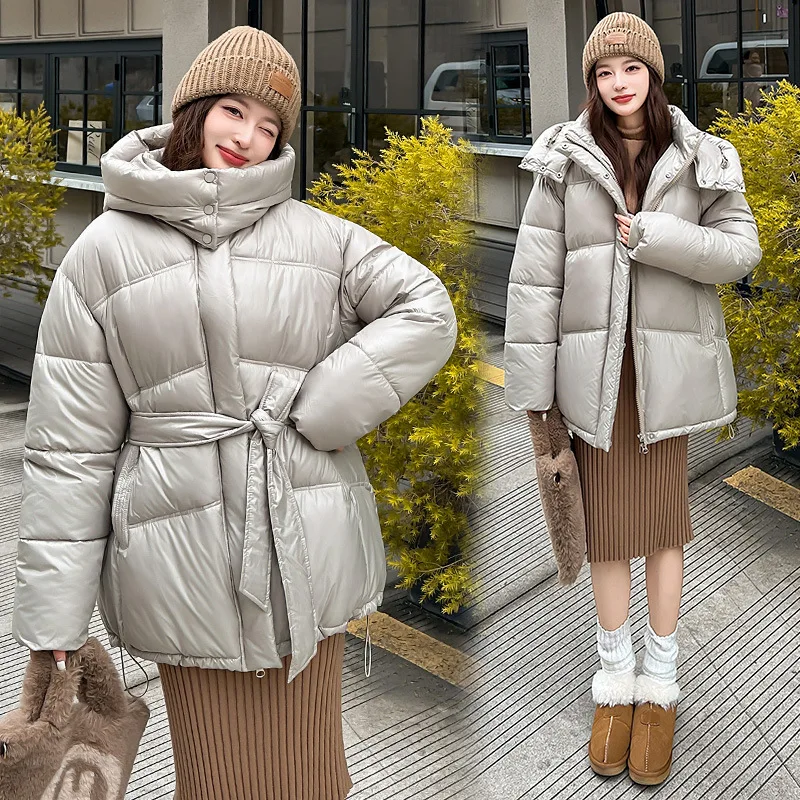 Winter Thick Warm Fluffy Windproof Waterproof Cotton Padded Jackets 2025 New Women's Down Coat Belt Loose Mid Length Parka Trend