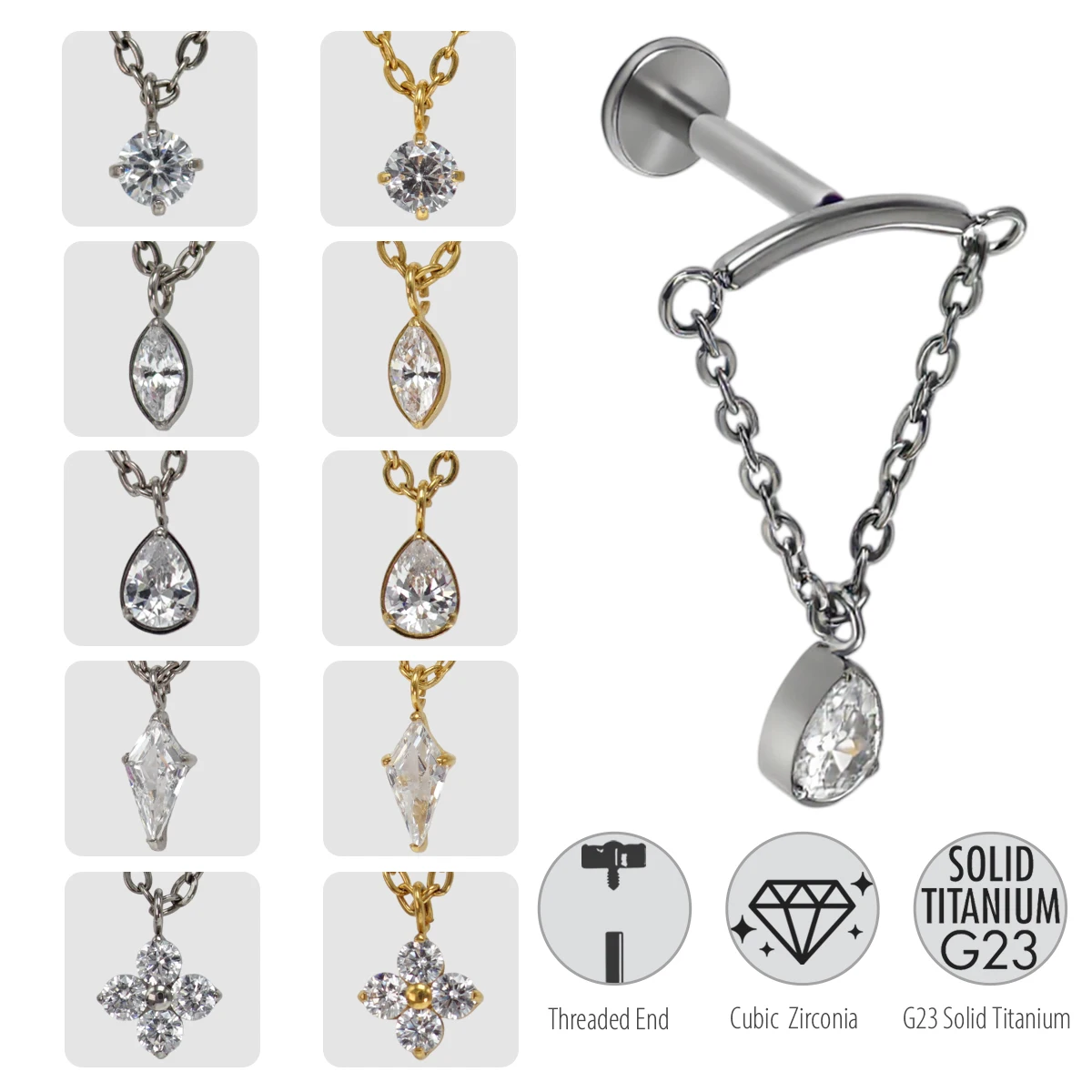 16G G23 Titanium Chain Cartilage Stud Tragus Helix Earring Internally Thread Flat Back Labret CZ Body Piercing Jewelry ASTM F136